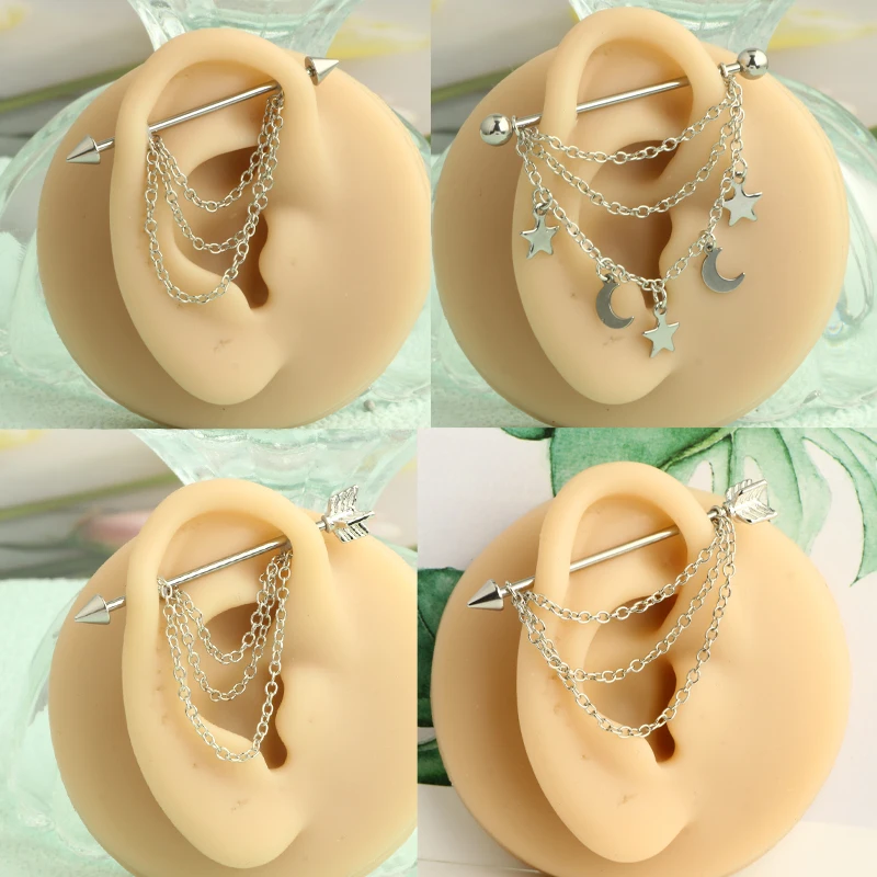 wholesales Stainless Steel Industrial Earrings With Chain Dangle Industrial Piercing Bar Cartilage Helix Piercing Tragus Stud