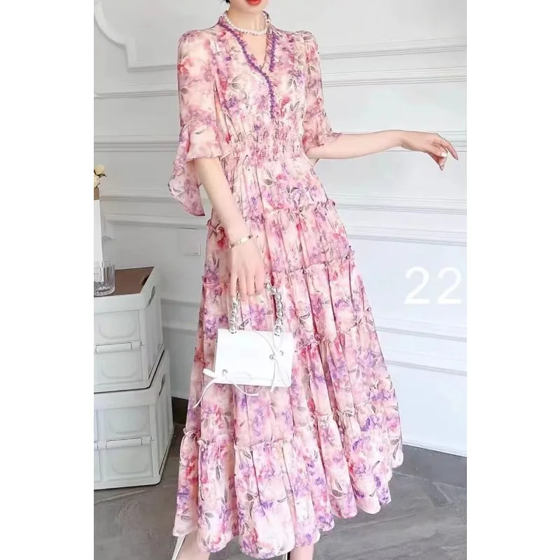 

French Waist Dress Women 2024 Summer New Floral Long Dress Fashion Cropped Sleeve Beach Skirt Female