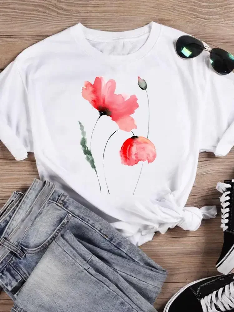 

Футболка женская хлопковая с коротким рукавом, мультяшная Модная рубашка с акварельным рисунком растений и цветов, топ с круглым вырезом
