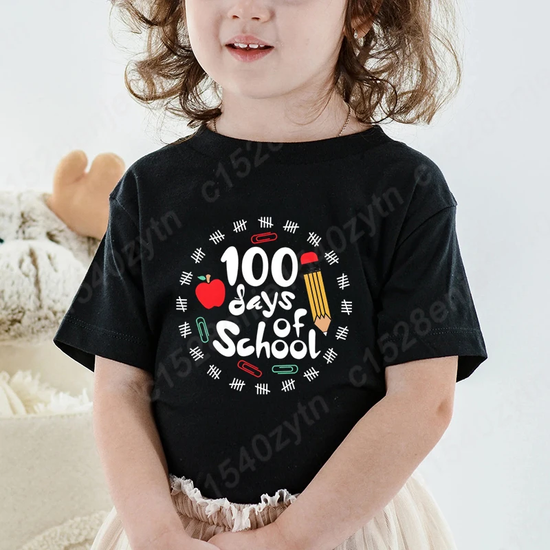 100 Days Of School Print T-shirt Summer Fashion Casual Tees Children Girls Short Sleeve Round Neck Tops Pure Color Loose T Shirt 2