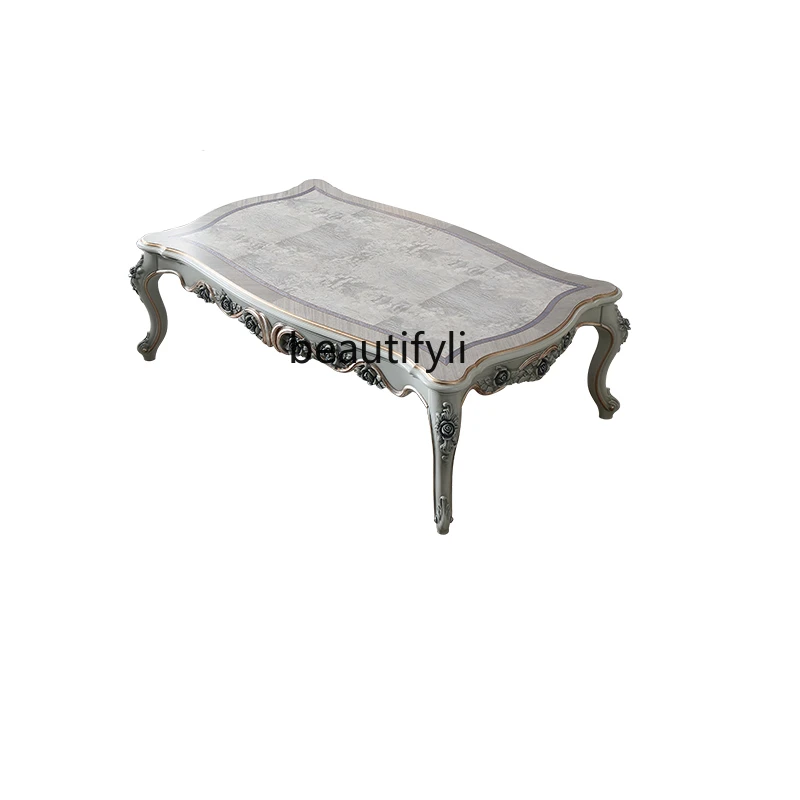 

French Style 1.6 M Coffee Table European Style Villa Solid Wood Carved Corner Table Distressed Coffee Table Combination