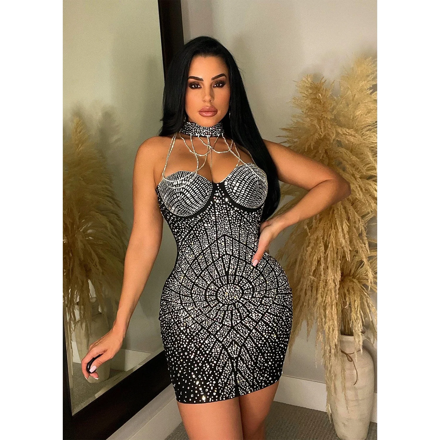 

Crystal Women Dresses 2022 Party Club Evening Mini Dress Autumn Winter Women's Sexy Tight Wrapped Chest Fringe Hot Diamond Dress