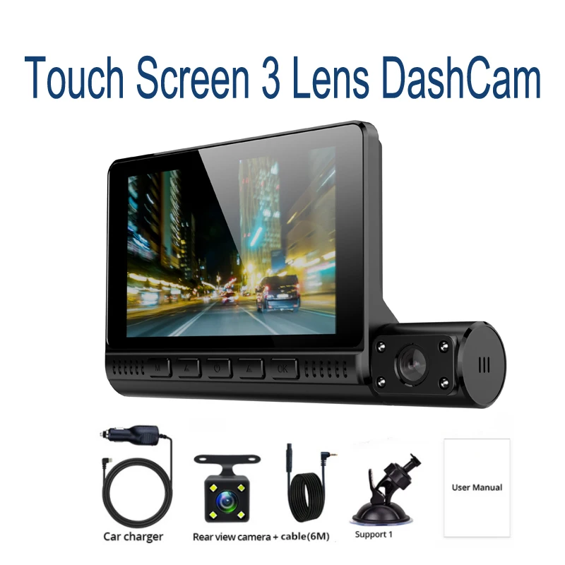 

Car DVR 3 Camera Lens Dash Cam 4'' Touch Screen DashCam Auto Video Recorder HD 1080P Mirror Registrator Front Rear View G-Sensor