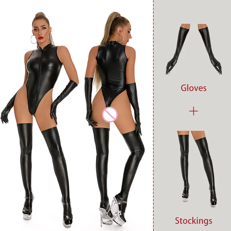 

AIIOU Women Erotic Bodysuit with Gloves and Socks Sexy Black Patent PU Leather Bodysuit Bandage Teddies Mistress Porno Costumes