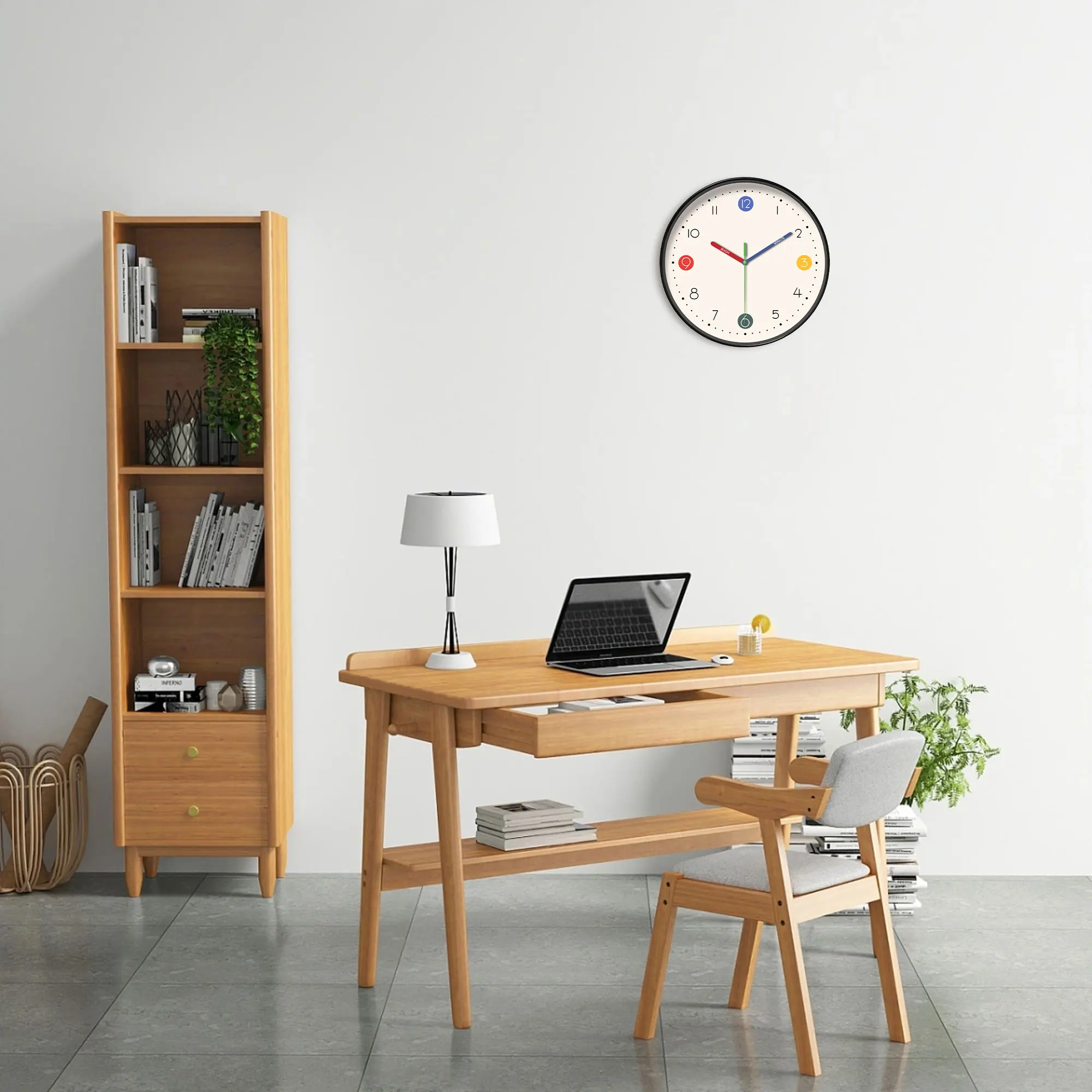 A simple beige and white instructional wall clock with colorful hands and cute digital design wall clock, 10-16 inch round silen