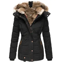 FSMG Winter Warm Women's Quilted Coats Fur Hooded Solid Color Slim Women's Clothing Fit Windproof Cotton Jacket Female Outerwear