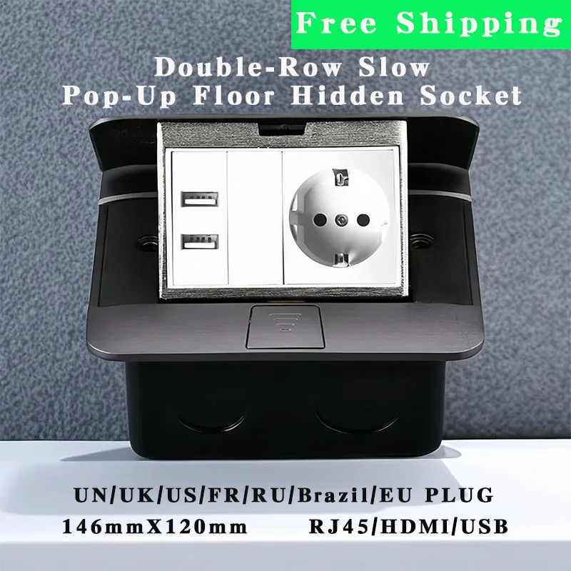 

146mmX120mm Double-Row Slow Pop-Up Floor Hidden Socket FR/UK/UN/EU/Brazil/RU/US Plug With RJ45/HDMI/USB For Meeting Room Office