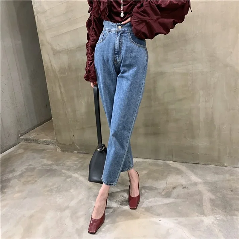Women's High Waist Jeans Loose Straight Denim Pants Female Pockets Button Chic Trousers Pants 2023 New Vintage Blue Streetwear