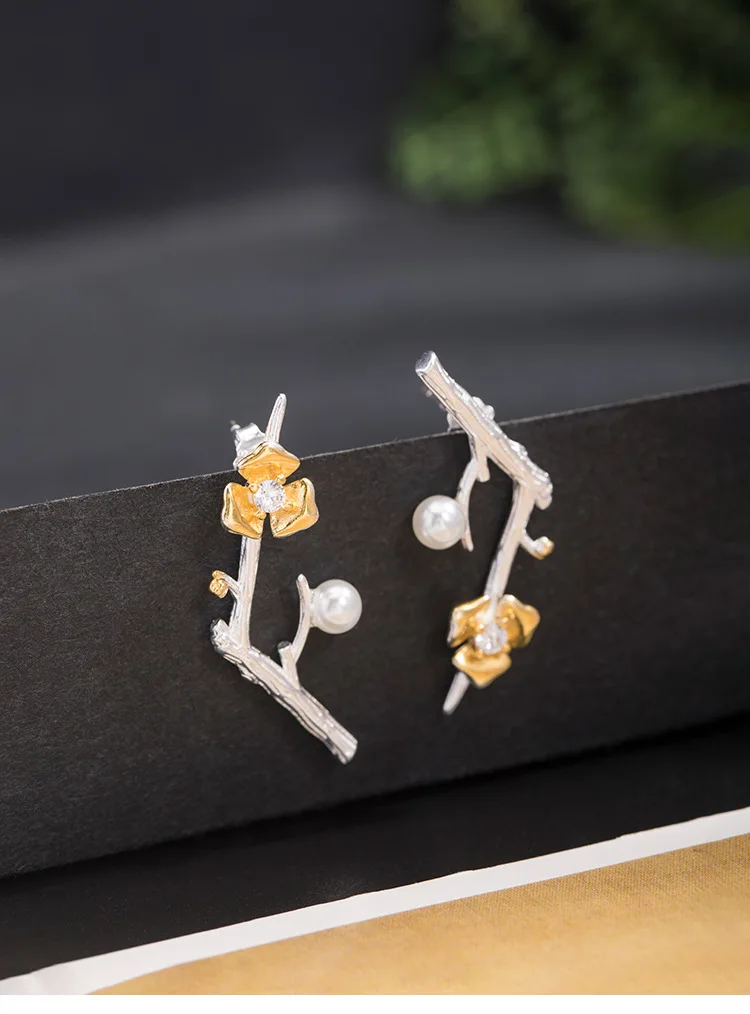 Su 18 Plum Blossom Branch Earnail Damen S 925 Silber Nische Design Sense Blumenohrringe Modeschmuck – Detail 1