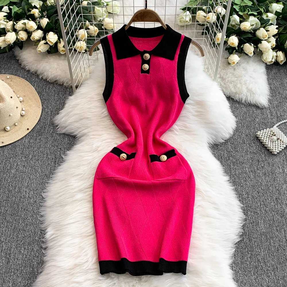 REALEFT Vintage Sleeveless Women's Knited Wrap Dresses 2025 New Spring Summer Polo Collar Buttons Sheath Pencil Dress for Womens