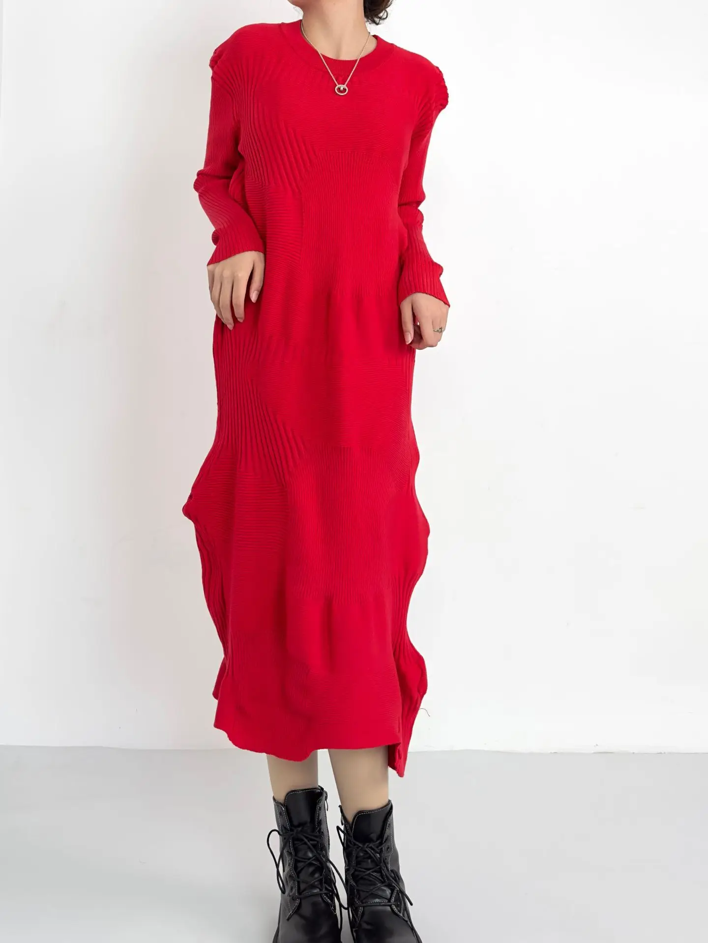 Pleated Knit Fold Dress miteigi Homme Plissé Issey Miyake Women’s ribbed Knitted Fold Irregular long sleeves crewneck frills Original Designer Below knee frilled round o-neck dresses for woman in red  Spring Summer New Year's Party Womens crew neck KONE KONE Fashion Evening Wear