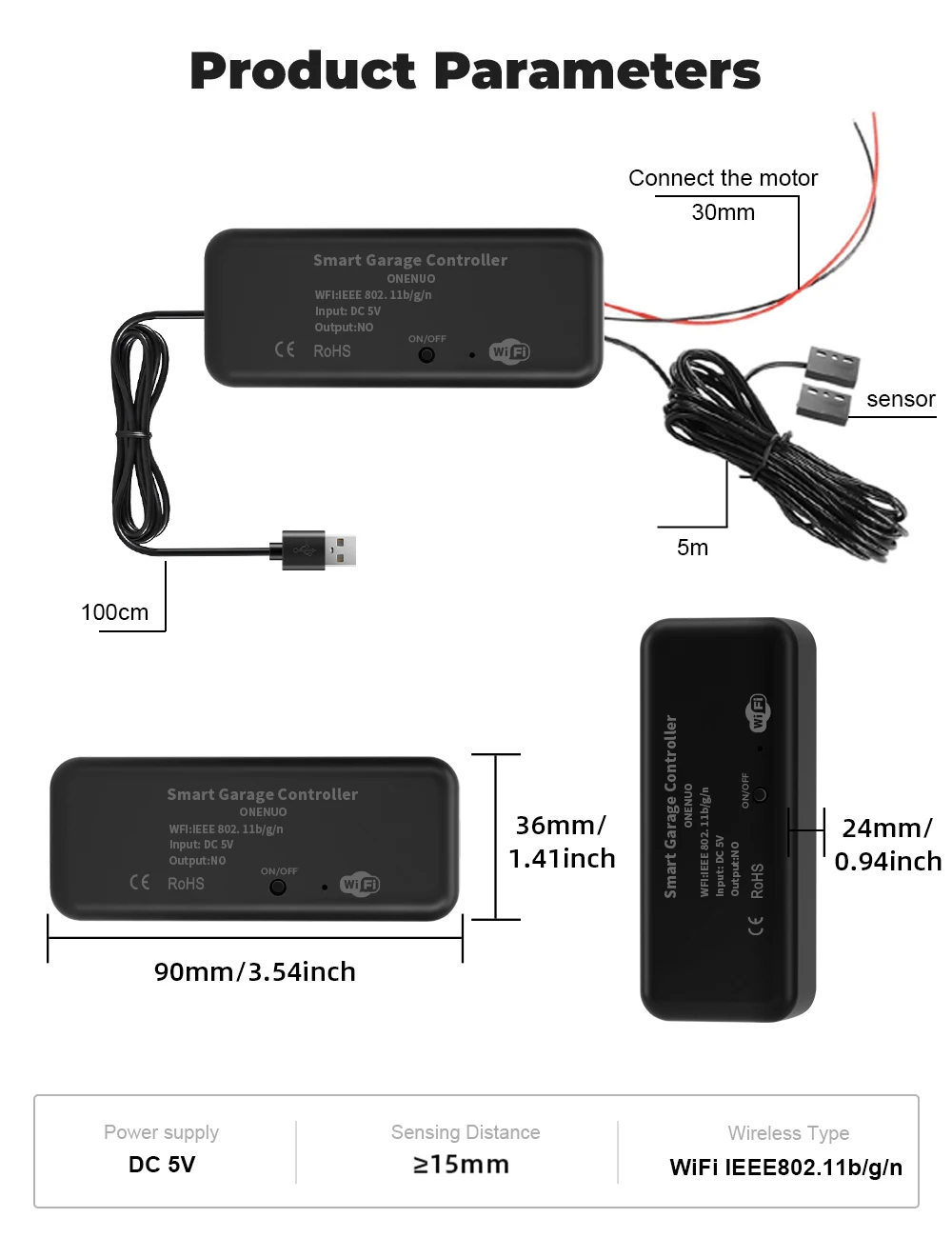 Smart Gate Opener ONENUO Tuya WiFi Switch Smart Garage Door Opener Controller Work with Alexa Echo Google Home Smart Life (Support DC5V 1A Adapter)