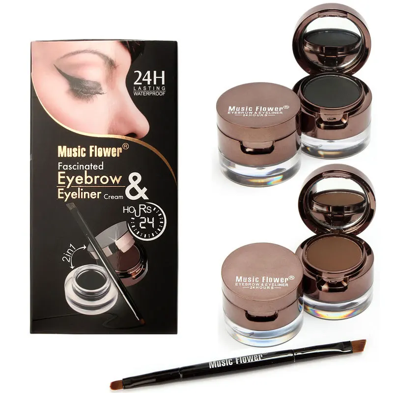 Music flower 4 in 1 Brown + Black Gel Eyeliner With Brush Makeup Eyebrow Kit Powder Waterproof Cosmetics Set Free Shipping