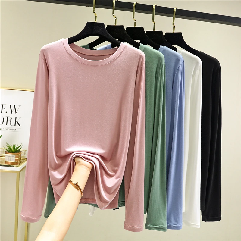 

Modal Long Sleeve T-shirt Women's 2023 New Autumn/Winter Loose O-Neck Baisc Bottoming Shirt Korean Solid Thin All-Match Top