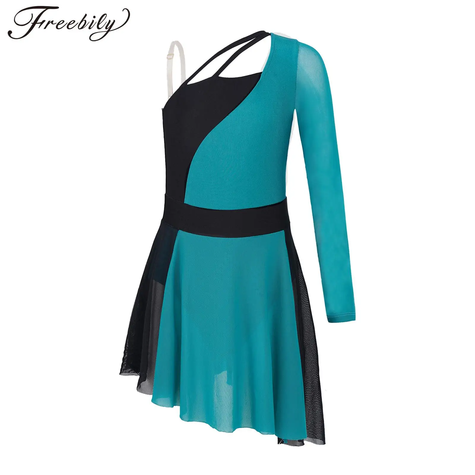 

Сетчатая платье, гимнастический купальник для девочек, с длинным рукавом, на одно плечо, для фигурного катания, балета, танцев, балерин