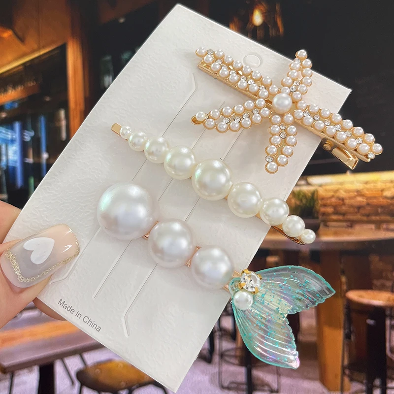 ヘアアクセサリー 777 Pearl Hair Clips Set for Women Acrylic Flower Geometric Hair