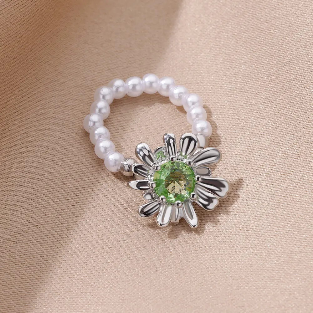 Stainless Steel Pearl & Green Zircon Flower Rings For Women