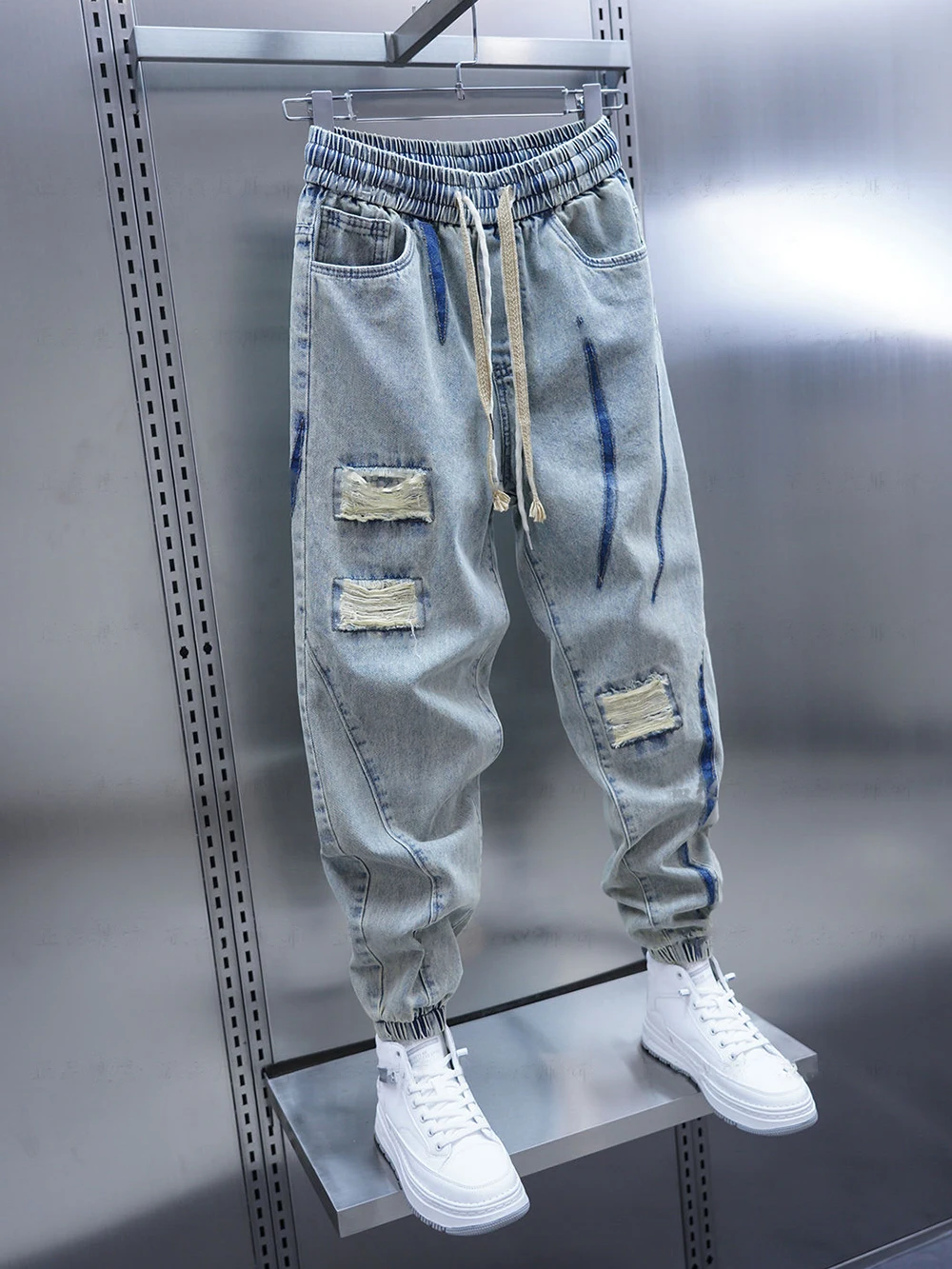 Fashionable Street Jeans Ripped Harem Pants Brand Men's Striped Embellished Pencil Trousers 3