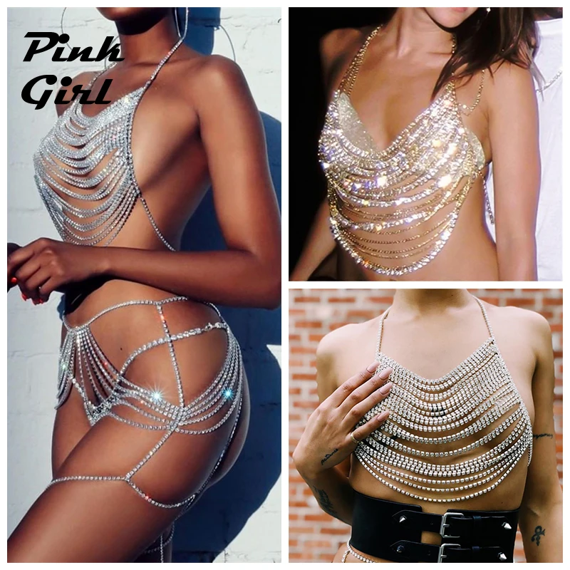 

Y2K Clothes Accessories Hot Girl Sexy See-through Camisole Glitter Rhinestone Halter Crop Top for Women Metal Tassel Chest Chain