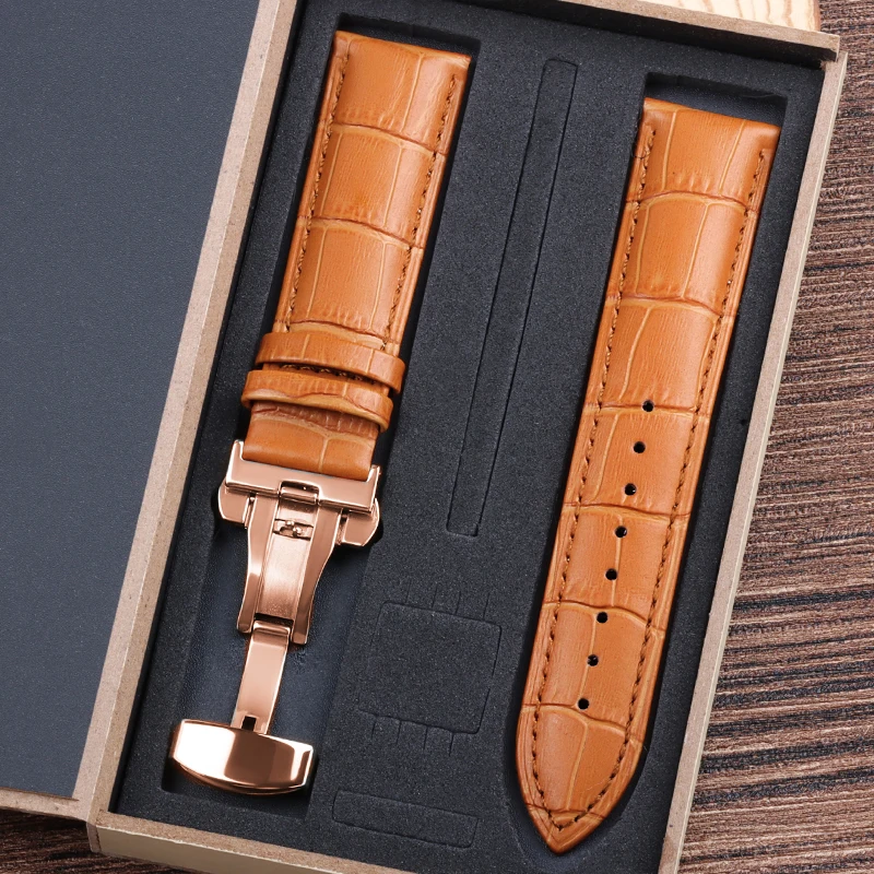 Premium Leather Watchband with Metal Butterfly Clasp - Unisex Strap with Gift Box