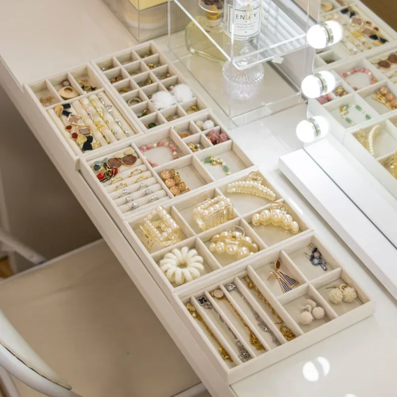 Large Stackable Jewelry Display Tray Case Organizer Premium Velvet Soft Light Beige Home Store Sales Shows (12 Grid
