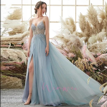 Beautiful Long Mermaid Elegant A-Line Blue V-Neck Spaghetti Straps Split Front Beading Prom Dress