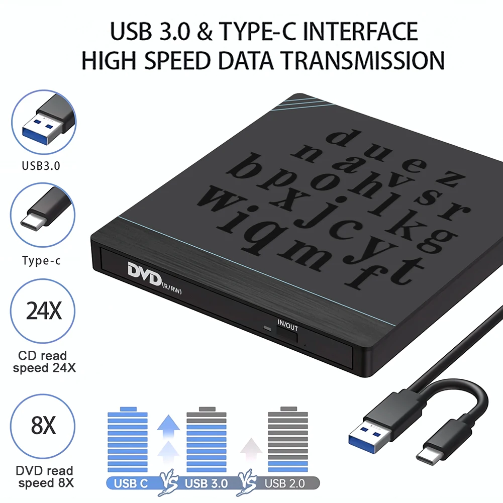 휴대용 CD DVD 버너 7 in 1 CD 리더 리라이터 SD/TF 슬롯 외장 DVD 버너, 데스크탑 태블릿용 USB C 타입 USB3.0 2.0