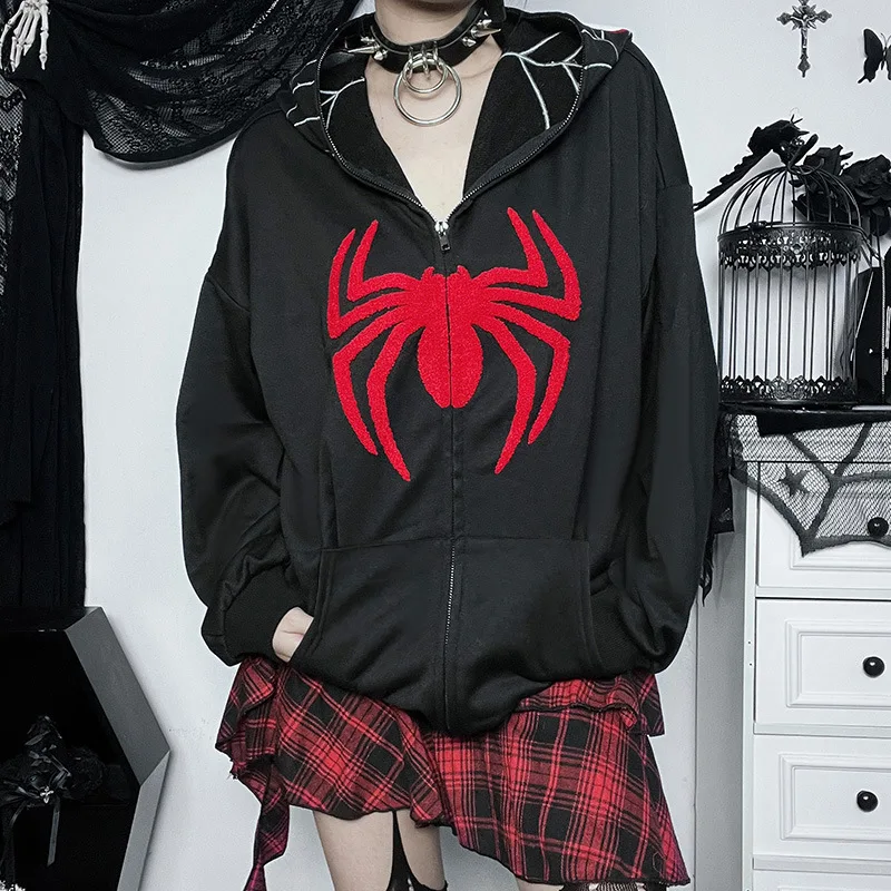 

Spider Web Flocking Mall Dark Gothic Hoodies Zip Up Hooded Grunge Fashion Sweatshirts Women Streetwear Oversize Alt Clothes