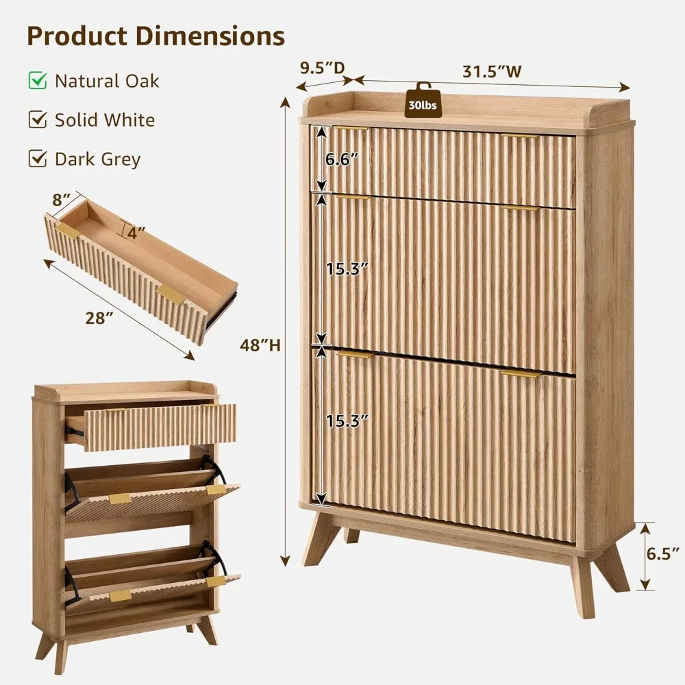 48" Tall Narrow Shoe Cabinet with Flip Drawers, Curved Fluted Design, Wooden Shoe Organizer for Entryway - Natural Oak