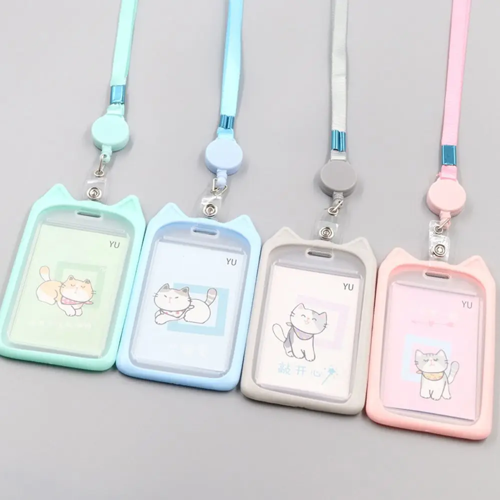 1PC Cute Cartoon Cat Card Holder Bank Identity Bus ID Card Sleeve Case With Retractable Reel Lanyard Credit Cover Case Kids Gift card holder credit card holder