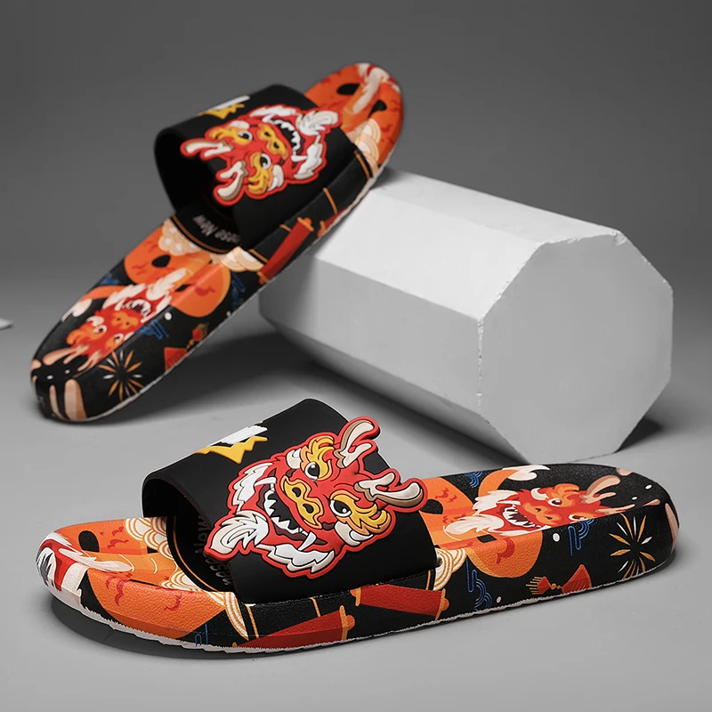 

2024 Summer Men Slippers Dragon Design Slides Anti-slip Beach Slippers Flip Flops Casual Home Slides Bathroom Shoes Couple 36-45