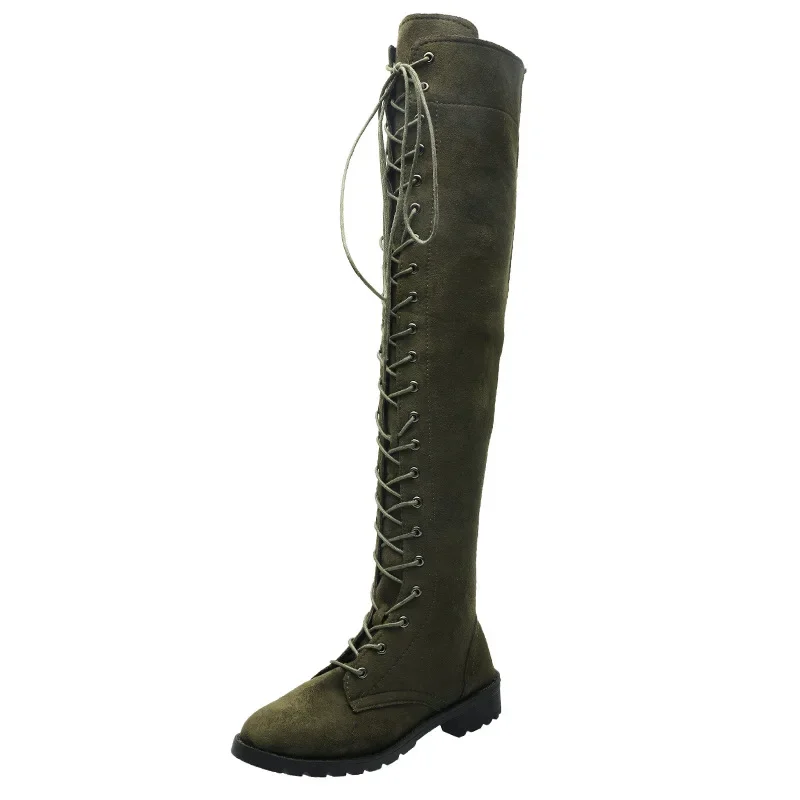 Casual Women's Low Heels Flock Winter Over Knee Boots Lace Up Fashion Female Thigh High