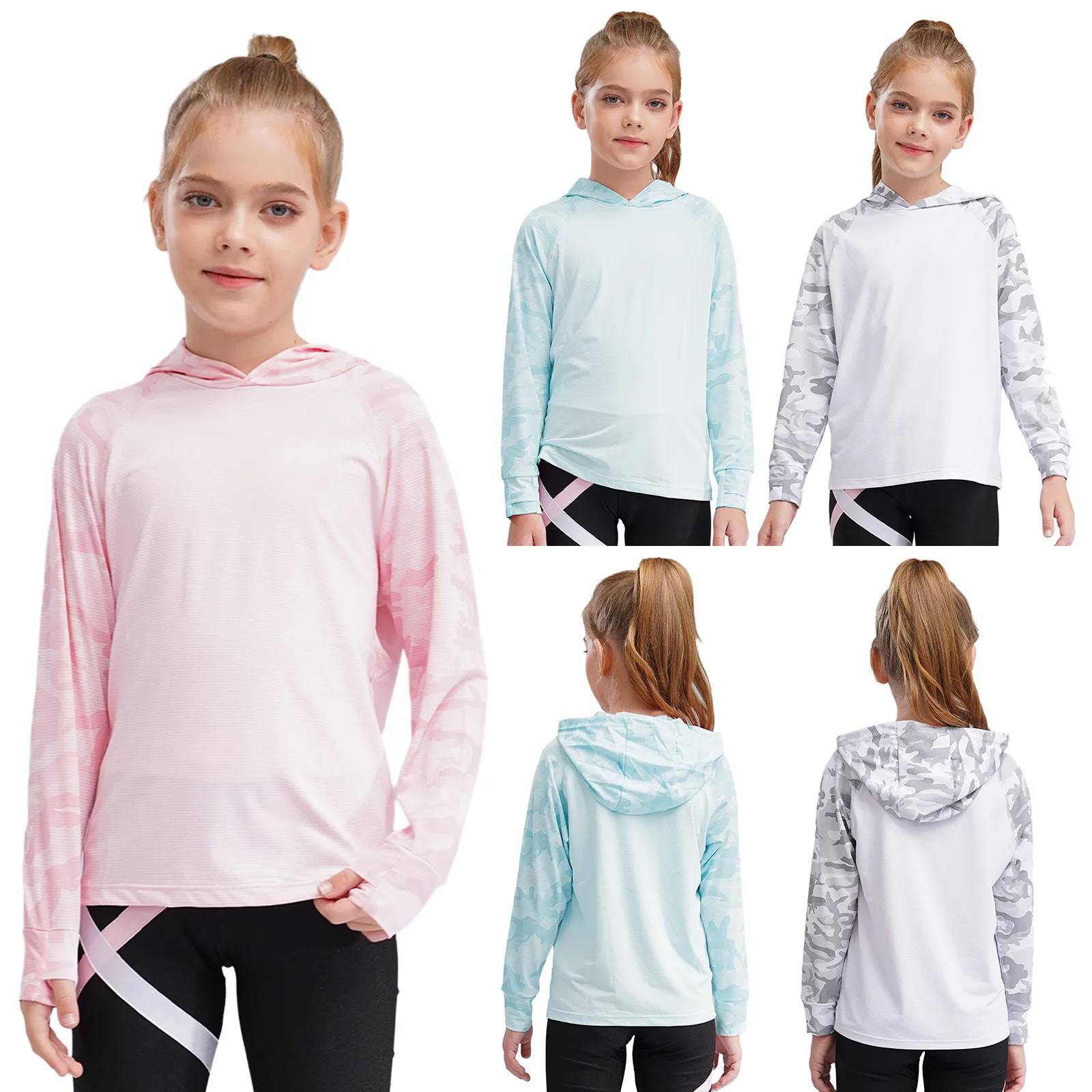 Kids Girls Camo Print Athletic Hoodie with Thumbholes Sweatshirt Quick Dry UPF 50+ Rash Guard Sun Shirt kids athletic hoodie