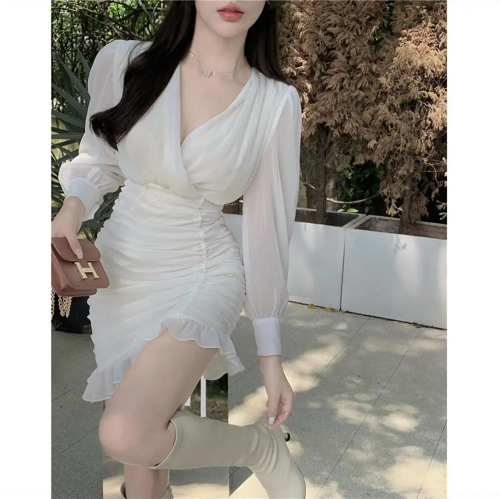 Autumn French Light Mature Style Bubble Sleeves White Dress Female Design Sense Wood Ear Chiffon Skirt