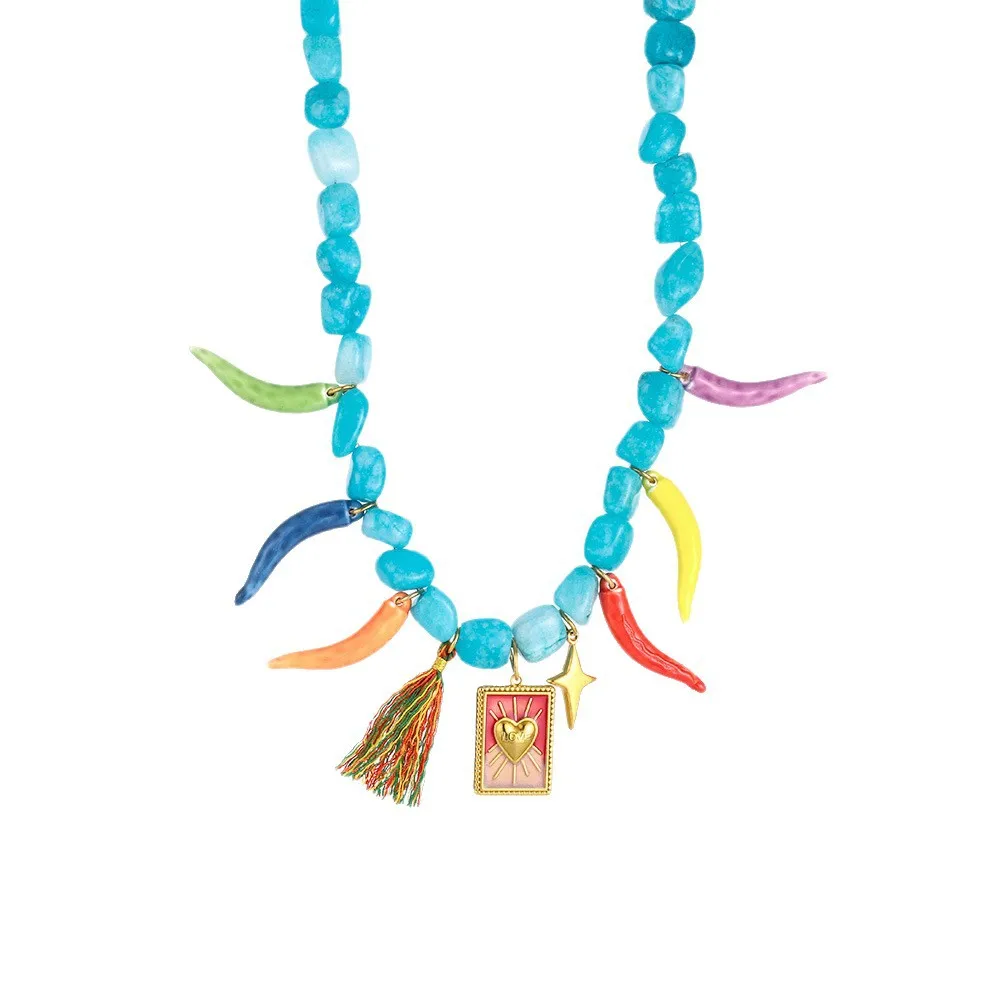Stackable Natural Stone Bell Pepper Collar Neckalce Women Colorful Wheat Ears Fish Heart Star Charms Pendant Choker Waterproof