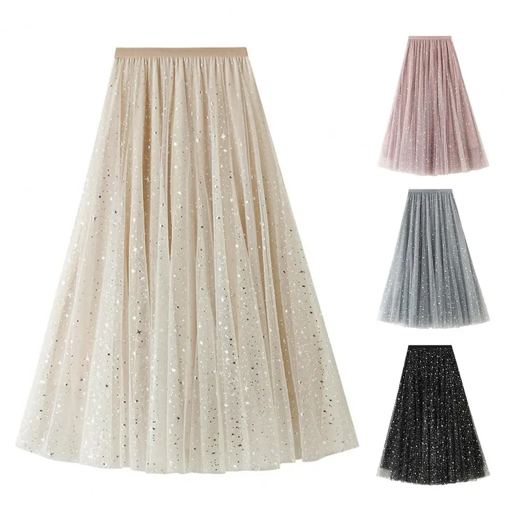 

Star Patch Pleated Skirt Sequins Star Print Tulle A-line Skirt High Waist Layered Lace Midi Pleated Skirt Women's Elastic Waist
