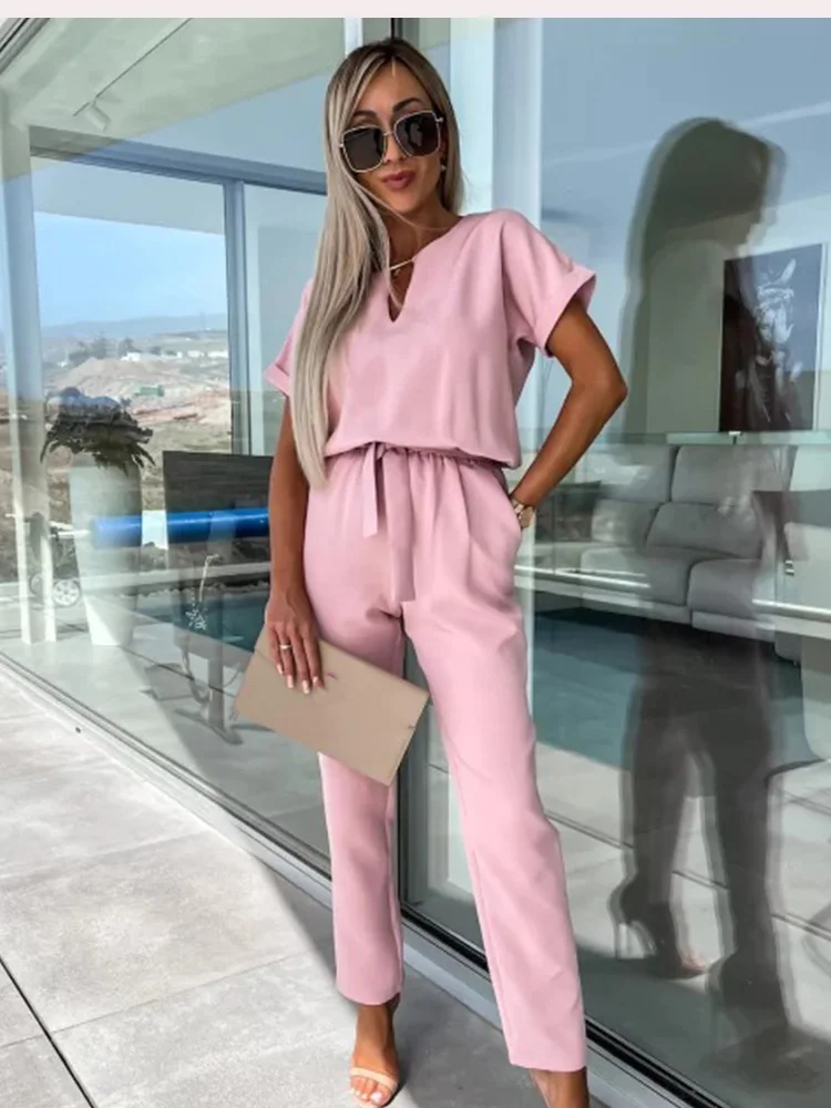 Summer Elegant Women Jumpsuit V-neck Fashion Short Sleeve Elastic Waist Belt Slant Pocket Casual Pants Romper Simple Jumpsuits