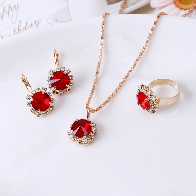 Fashion Jewelry Set for Women Round Crystal Pendants Earrings Ring Sets Bridal Decoration Colorful Three Piece Gifts