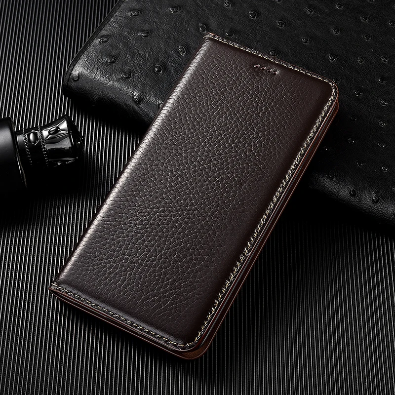 Luxurious Genuine Leather Lychee Pattern Wallet Flip Phone Case - Cowhide Scratch-Proof Design