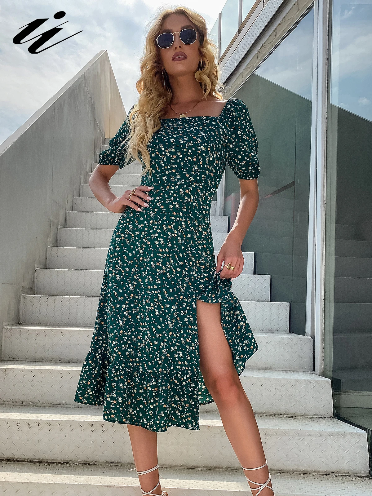 

II 2023 Women's Floral Print Square Neck Casual Summer Dress A Line Flowly Ruffle Hem Midi Dresses High Waist Split Long Dress