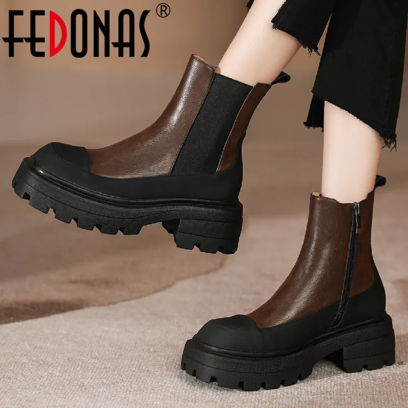 

Женские ботильоны на платформе FEDONAS, повседневные ботильоны из натуральной кожи на толстом каблуке, сезон осень-зима, новое поступление