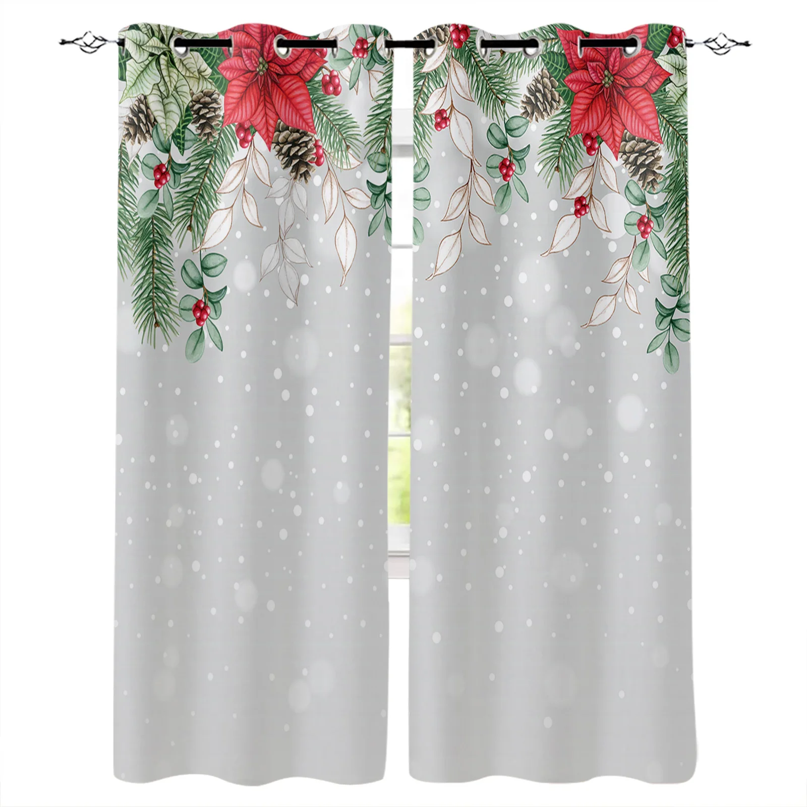 Christmas Poinsettia Fir Tree Berries Window Curtains For Living Room