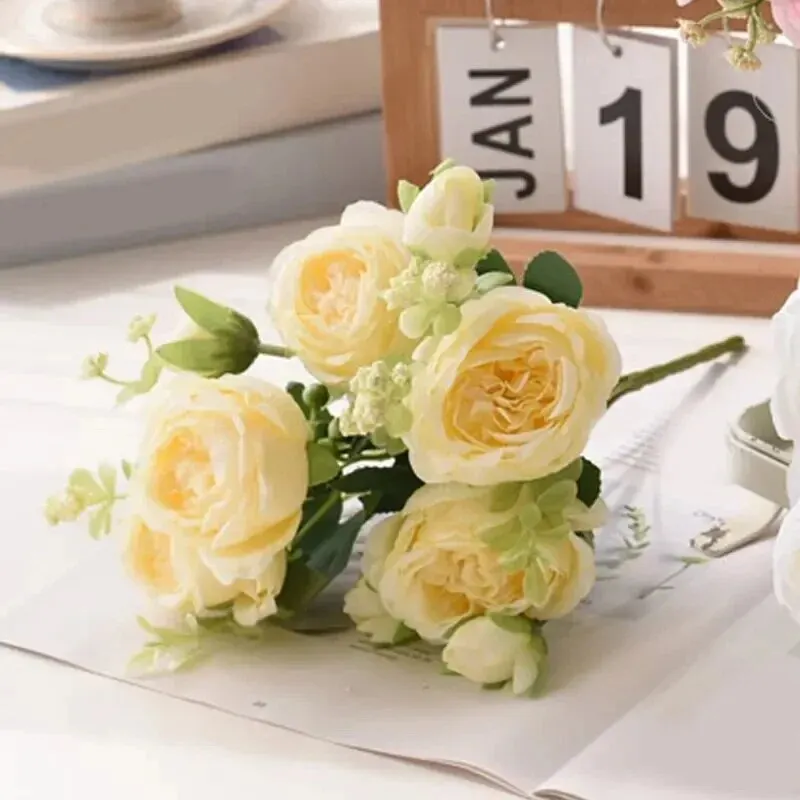 Artificial flower 30cm rose pink silk bouquet peony 5 big head 4 small bud bride wedding home decoration