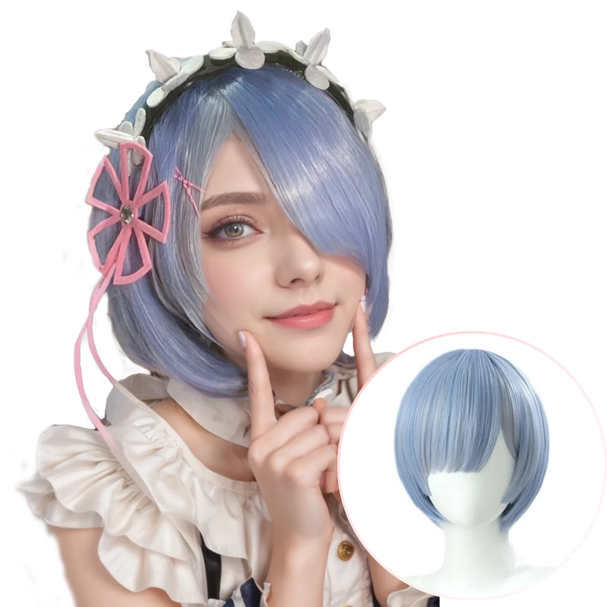 Light Blue Gradient Short Bob Wig, Side Bangs Synthetic Hair for Rem Cosplay and Maid Costume Looks