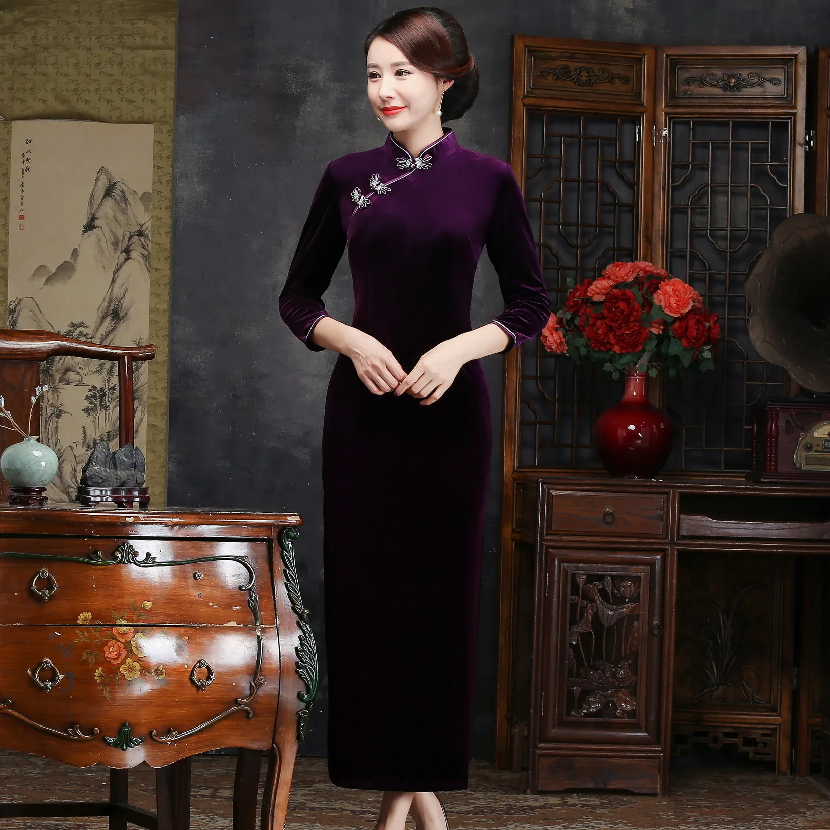 

Autumn Winter Velour Female Long Qipao Oversize Chinese Traditional Dress Elegant Classic Cheongsam Sexy Slim Split Vestidos