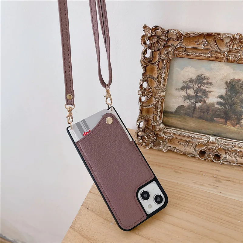 Snap Buckle Wallet Shoulder Strap Phone Case For iPhone 15 15Pro Max 14 Pro  13 12 11 Lichee Pattern Leather Card Pocket Cover - AliExpress