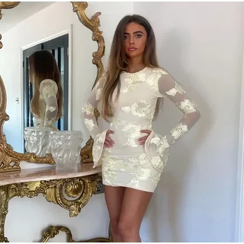 Embroidery 3d Flower Party Mini Dress Women Sexy Backless O-neck Flare Long Sleeve Hip Package Women Dress
