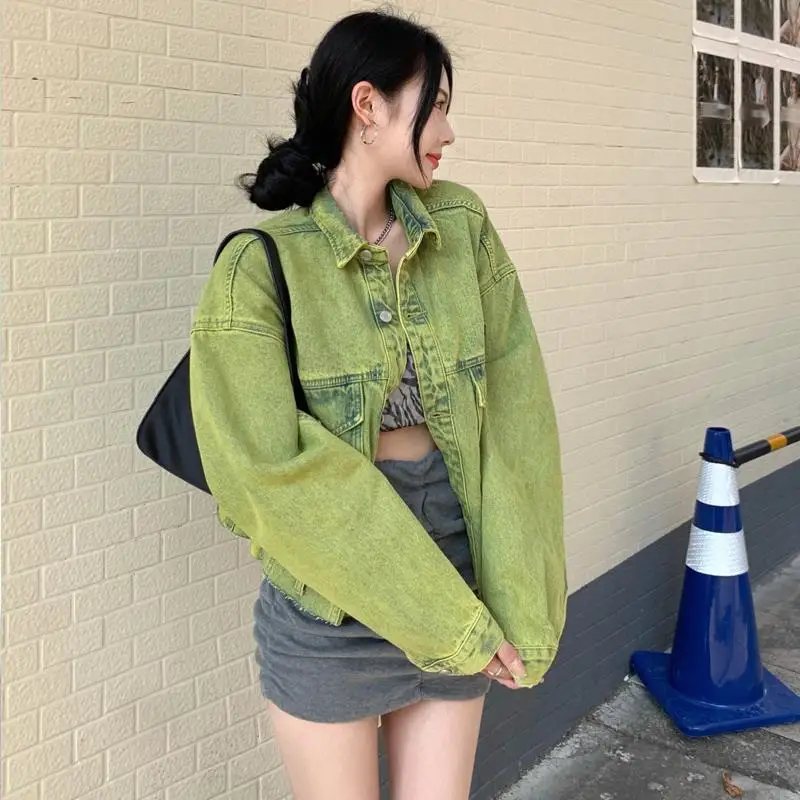 summer thin denim jumpsuit blue women cotton casual overalls cropped short sleeves drawstring ankle tied pants one piece outfit Streetwear Green Denim Jacket Women Bomber Japanese Y2k Women Autumn Jacket Cropped Tops Jeans Outerwear Long Sleeves Harajuku