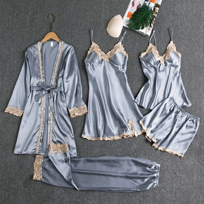 2025 Luxury Satin Pajama Set 5 Pcs Women's Silky Sleepwear Lace Trim Robe Nightgown Cami Shorts Pants Elegant Loungewear New Hot
