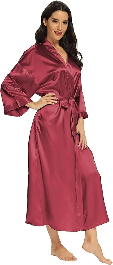 Women's Satin Robe Belted Elegant Solid Color Silky Comfort Bathrobe Loungewear 4